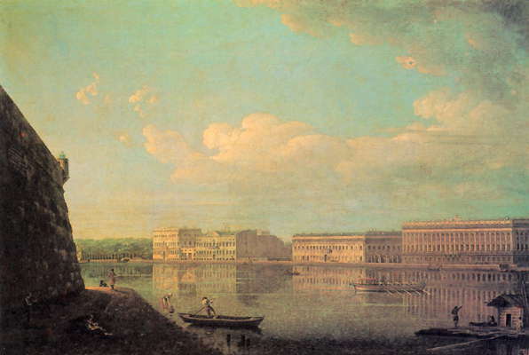 Ф.Я. Алексеев. Вид Дворцовой набережной от Петропавловской крепости. 1790-е гг. Масло.